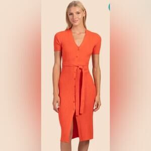 Trina Turk Esmeralda Midi Light Belted Sweater Dress Poppy Orange Red Sz L/XL